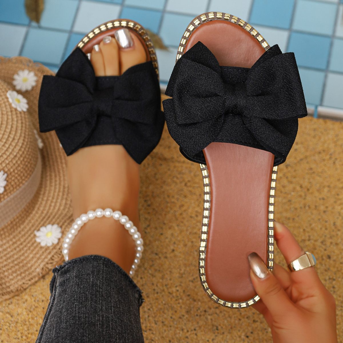 Plush Fashion Hub bowknot embellished flat sandals with open toes and ankle straps, featuring stylish bow accents.