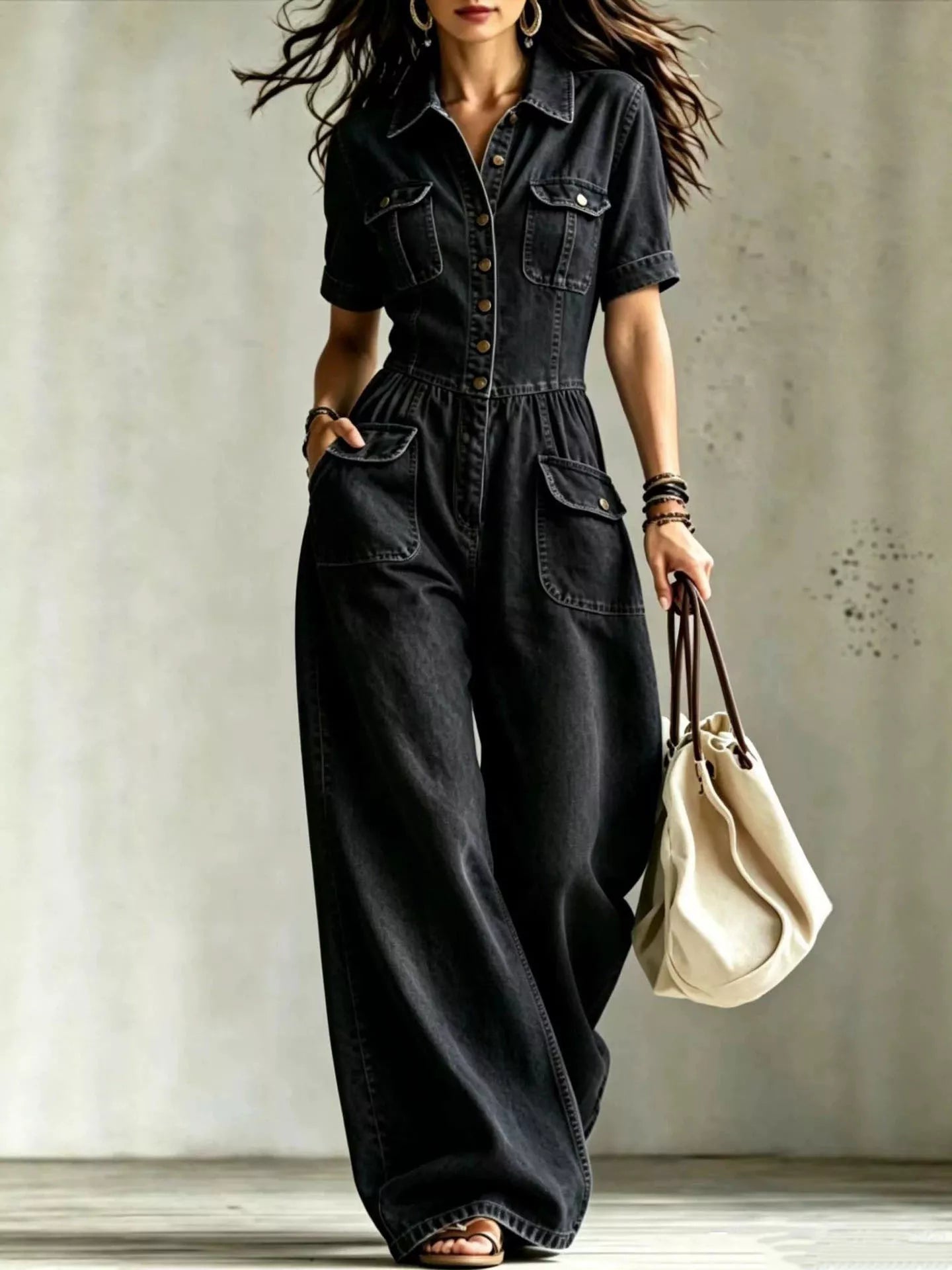 Full size denim wide-leg jumpsuit with chest pockets, plus size trendy jumpsuit from Trendsi, shown on a model.