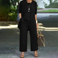 Women's plus size casualwear lounge set by FitiqueFit with cardigan, vest, and wide-leg pants, shown laid out flat.