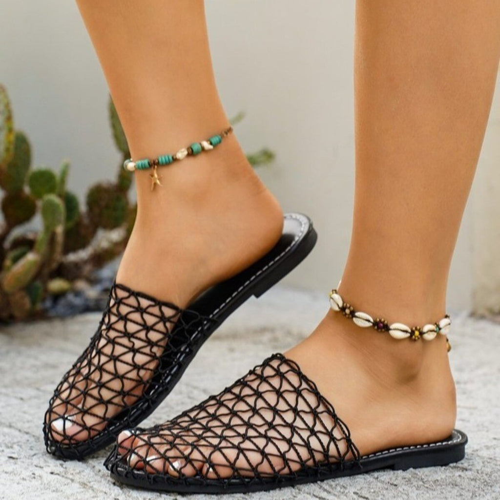 Women's woven net low heel sandals with comfortable PU leather straps, stylish dress shoes from Trendsi.