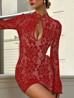 Lace cut-out long sleeve mini dress by Shopimist featuring intricate lace details and a fitted silhouette.