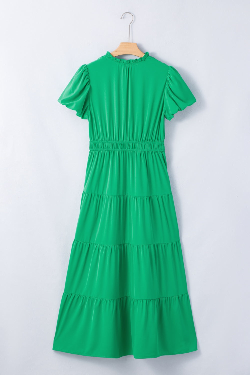 Women's floral ruffled tiered puff sleeve maxi dress by Plush Fashion Hub, elegant long dress with floral pattern and layered design.