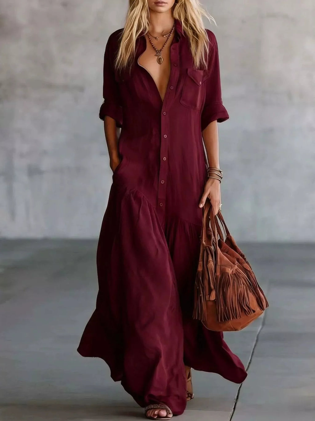 Plus size maxi dress from Plush Fashion Hub with button front and roll-up sleeves, full-length and stylish for casual wear.
