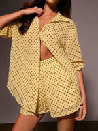 Shopimist polka dot button-up shirt and shorts set, featuring a playful pattern and casual summer style for women.