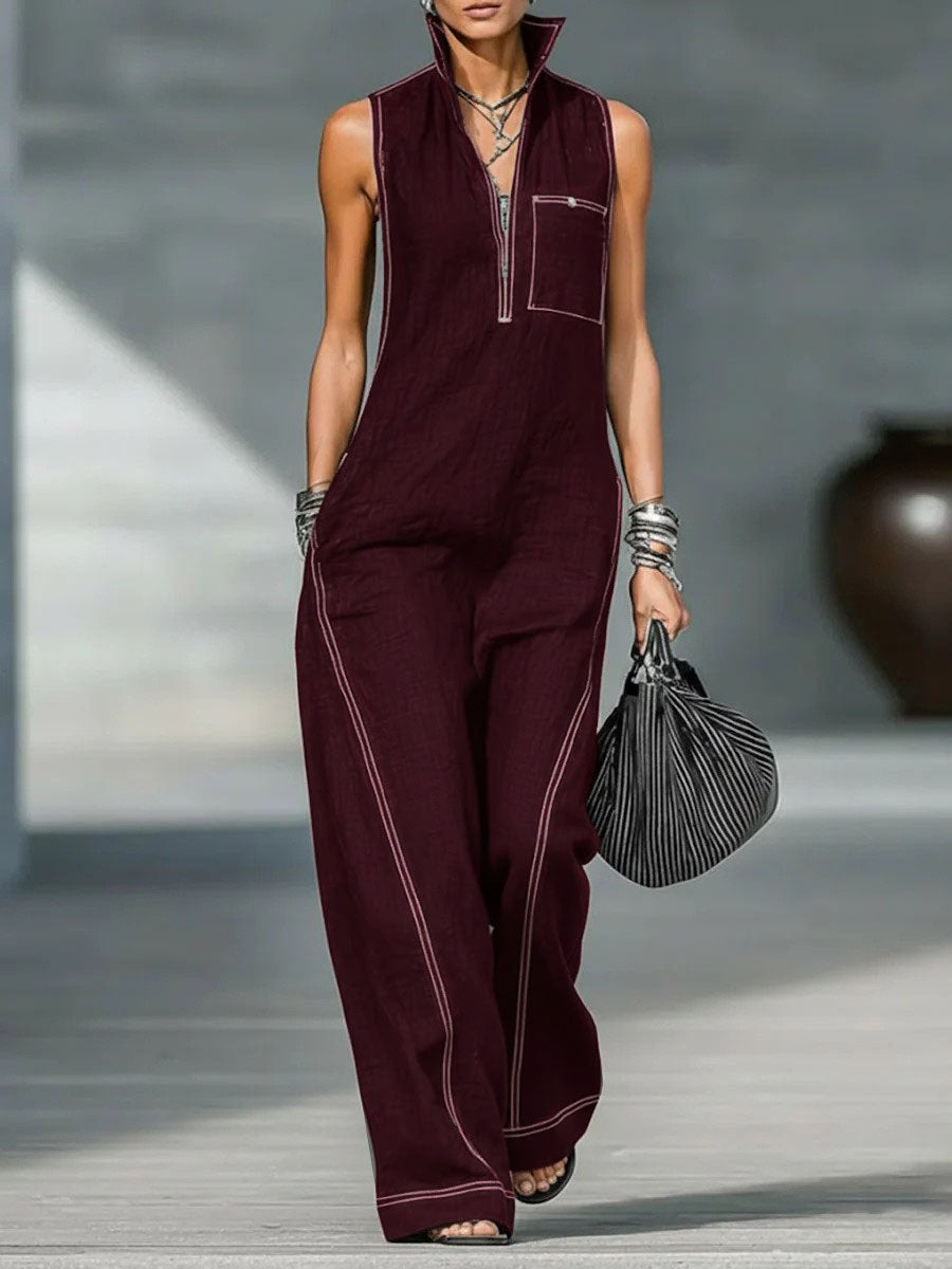 Women's summer sleeveless jumpsuit with stand-up collar, pockets, casual style, in a relaxed fit from Plush Fashion Hub.
