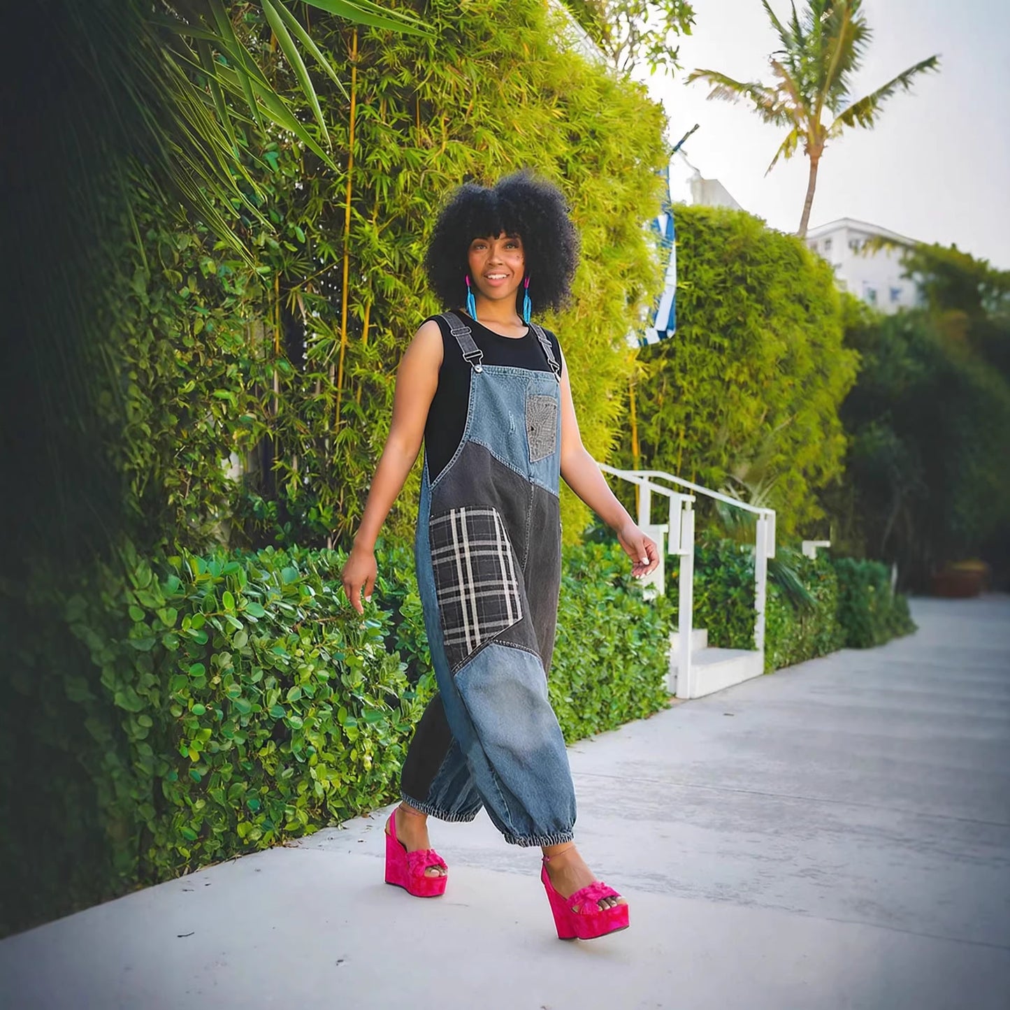 Ripped patchwork high-waisted denim overalls from Plush Fashion Hub, featuring distressed details and adjustable shoulder straps.