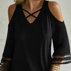 Women's off-shoulder cross collar long sleeve casual top by FitiqueFit, featuring a stylish neckline and comfortable fit.