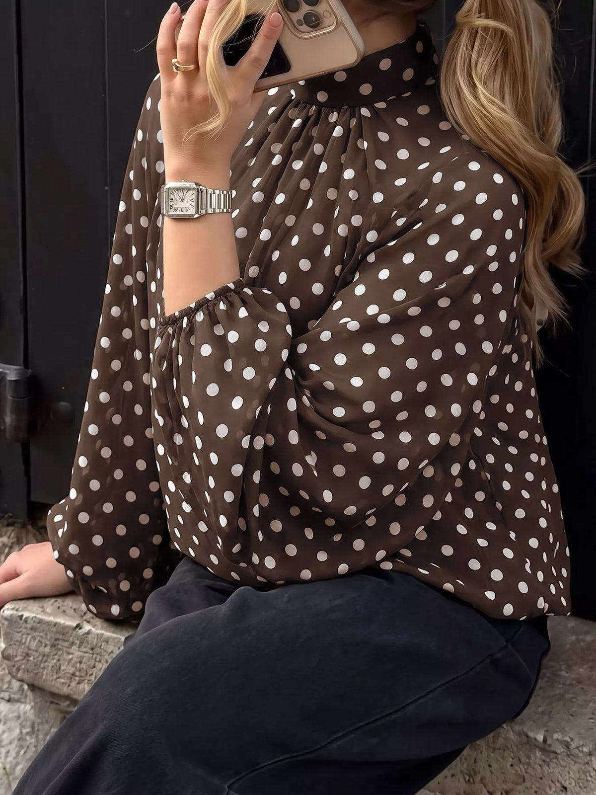 Polka dot mock neck long sleeve blouse by Trendsi, featuring a stylish pattern and fitted design, perfect for casual or office wear.