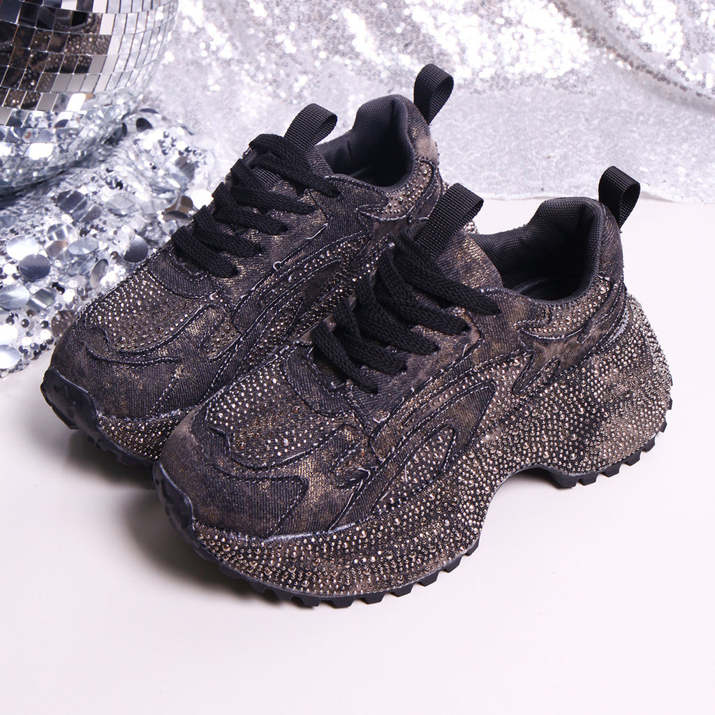 Rhinestone lace-up sneaker sandal with decorative embellishments and a stylish design by Plush Fashion Hub.
