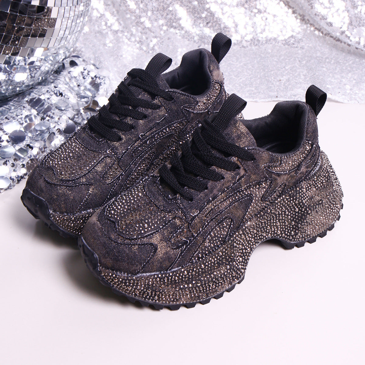 Rhinestone lace-up sneaker sandal with decorative embellishments and a stylish design by Plush Fashion Hub.