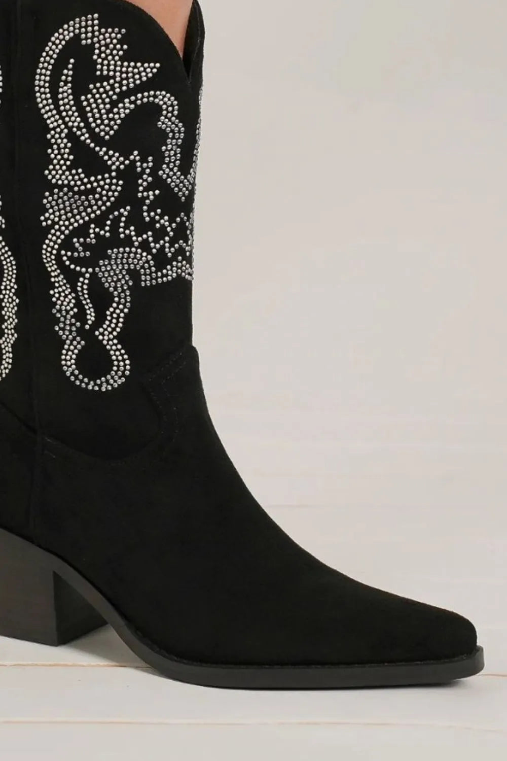 Beast Fashion rhinestone detail point toe boots, trendy footwear with sparkling rhinestone accents and sleek design.