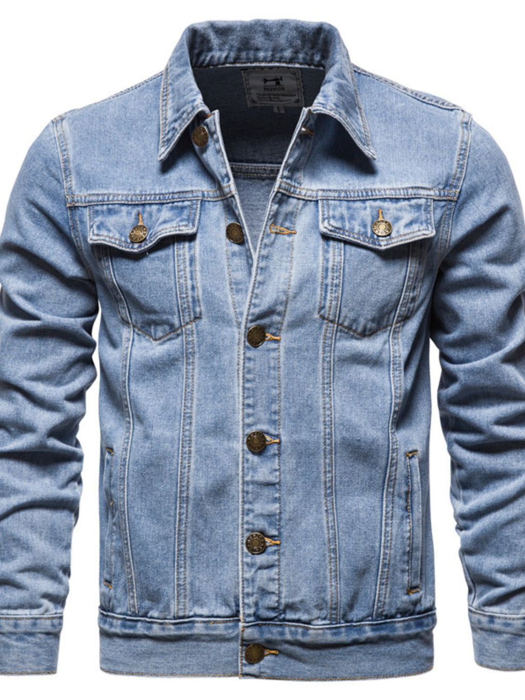 Men's VYSN long sleeve denim jacket with button-down front, classic blue wash, and stylish collar detail.