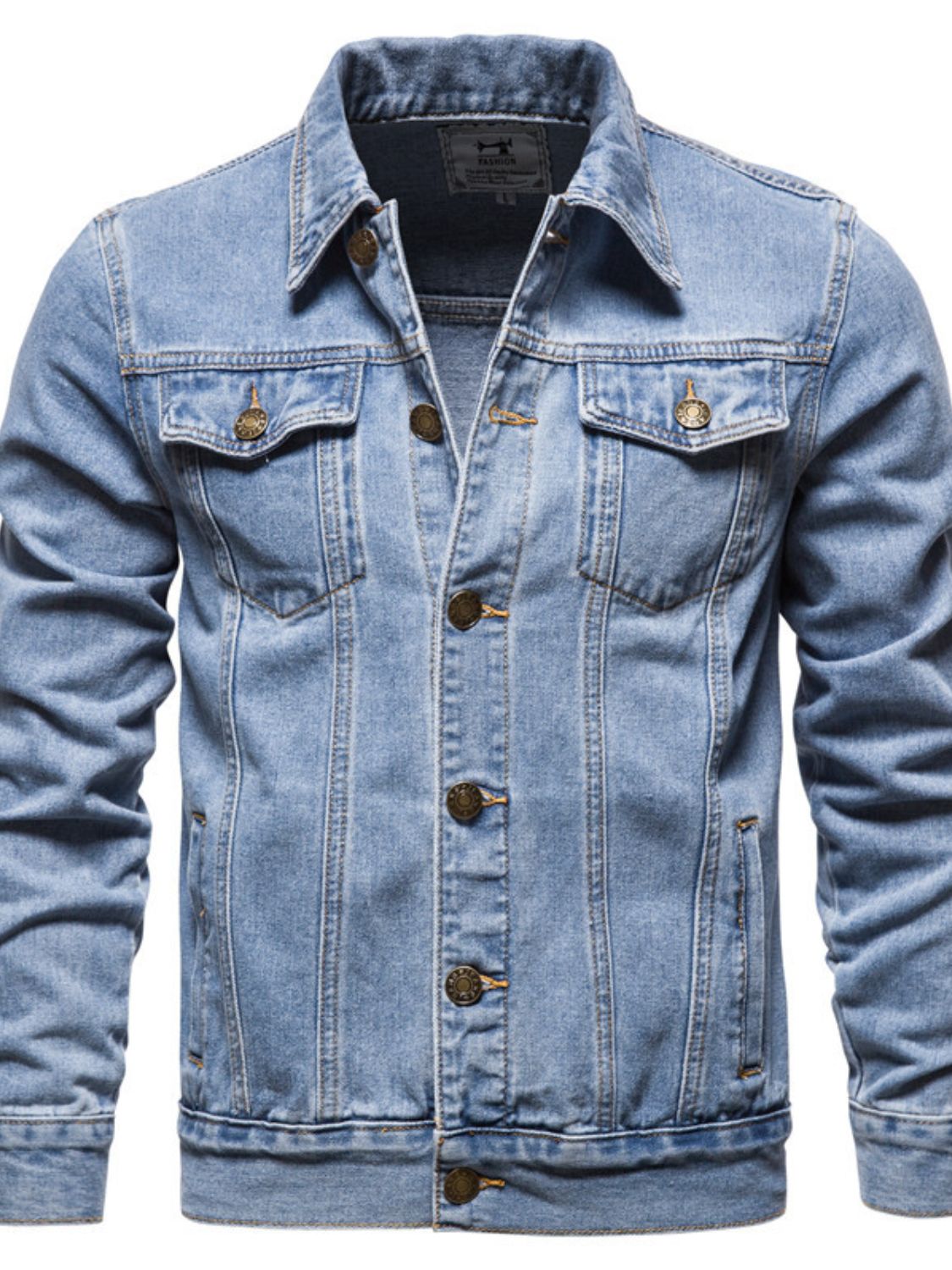 Mens long sleeve denim jacket by Plush Fashion Hub with button-down front, casual style, and classic blue denim fabric.
