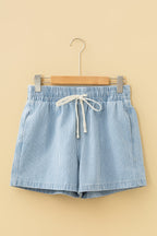 Honey-colored elastic waist denim shorts by Threaded Pear with casual fit, shown with rolled cuffs and front pockets.