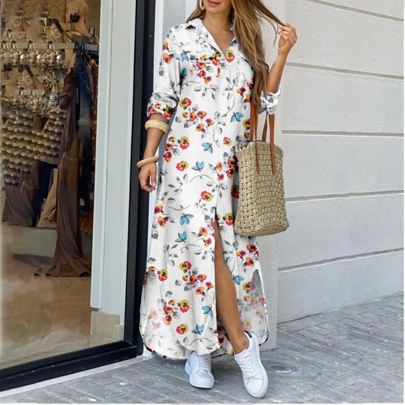 Women's floral print midi shirt dress with lapel collar, relaxed fit, long sleeves from Plush Fashion Hub