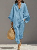 Women’s loose casual shirt and cropped pants two-piece set by Plush Fashion Hub, featuring vintage-style relaxed fit casualwear.