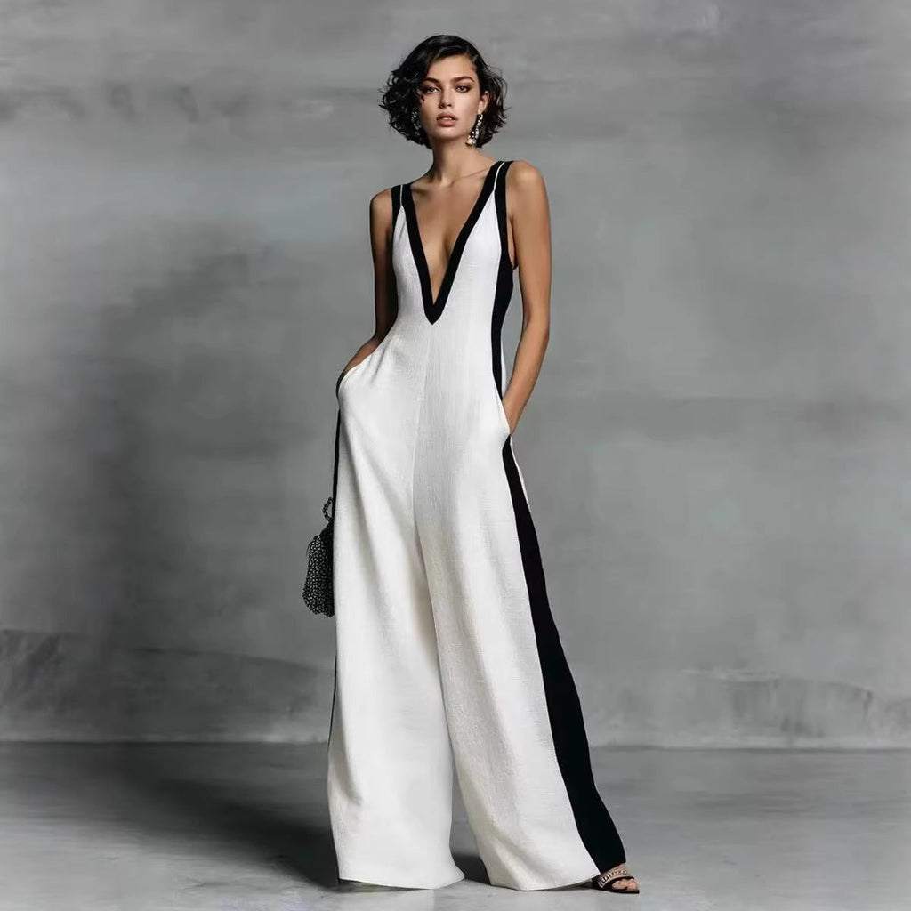 Women's color-block sleeveless V-neck jumpsuit with wide-leg pants, casual French style by Plush Fashion Hub.