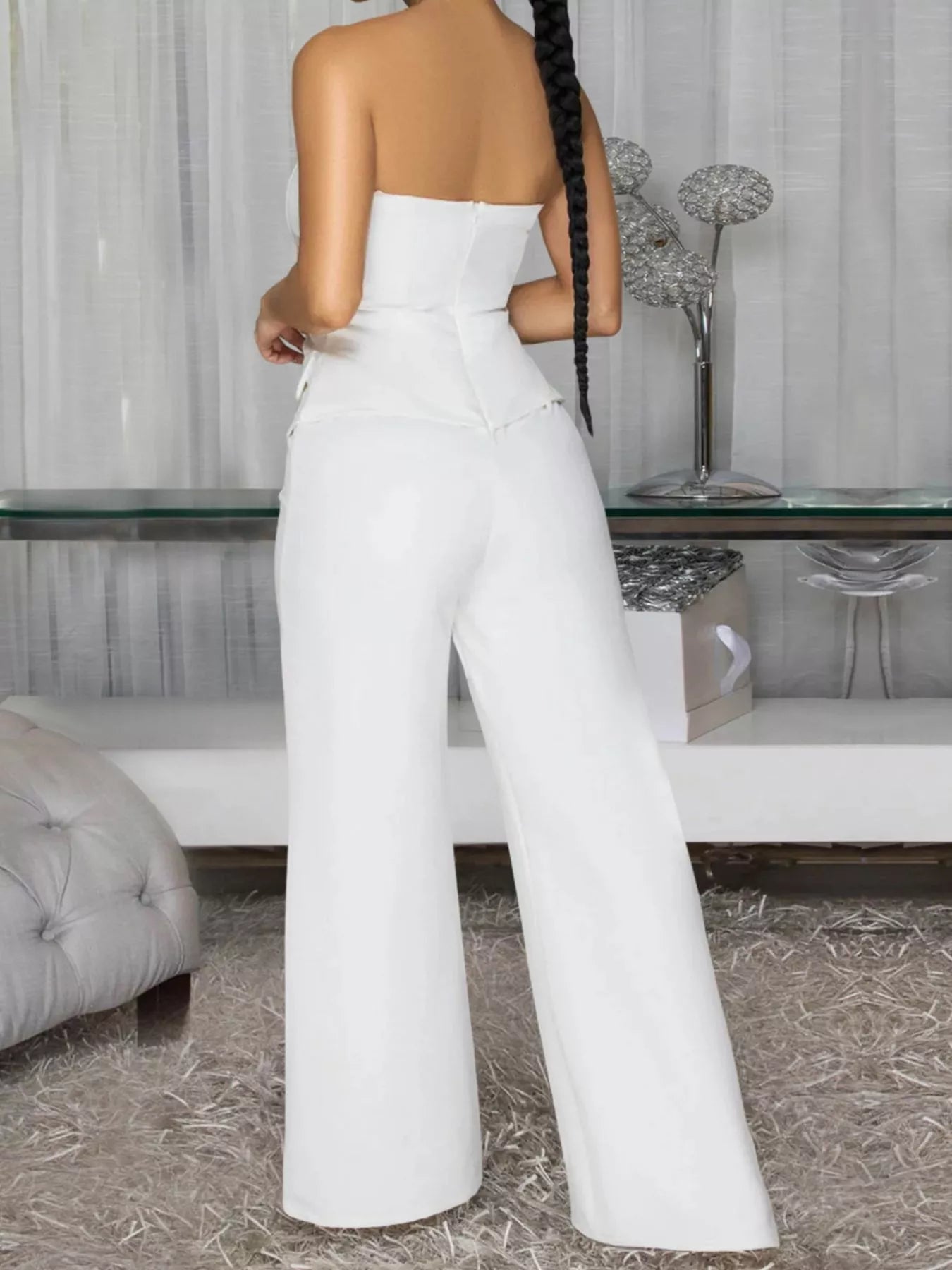 Plush Fashion Hub wide leg jumpsuit with tube top design, soft plush fabric, and stylish fit, shown on a model.