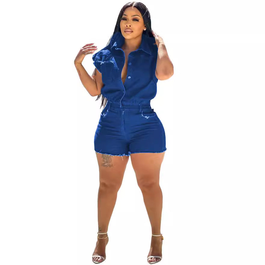 Women's elastic waist denim jumpsuit by eprolo, casual summer street style with stretch fabric and relaxed fit.