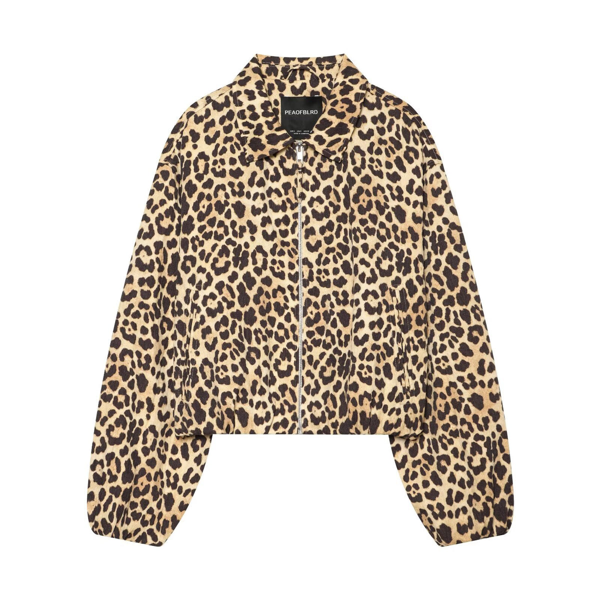 Leopard print cotton canvas zip-up jacket in brown and black with pointed collar and dropped shoulders.