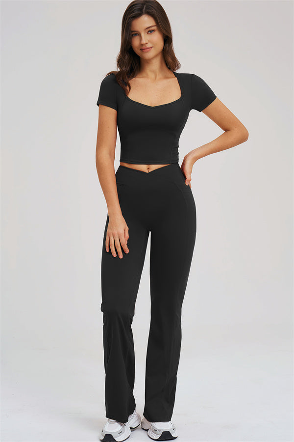 Fitglutes Activewear Sizzle T-shirt and flared leggings 2-piece set, stylish gymwear with a fitted T-shirt and flared workout leggings.