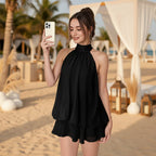 Women's chiffon halter mini dress by Plush Fashion Hub featuring a high waist, open back, and A-line silhouette.