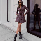 Loose linen lace-up long-sleeve mini dress by FitiqueFit in three colors, casualwear style, shown with a relaxed fit and mini length.