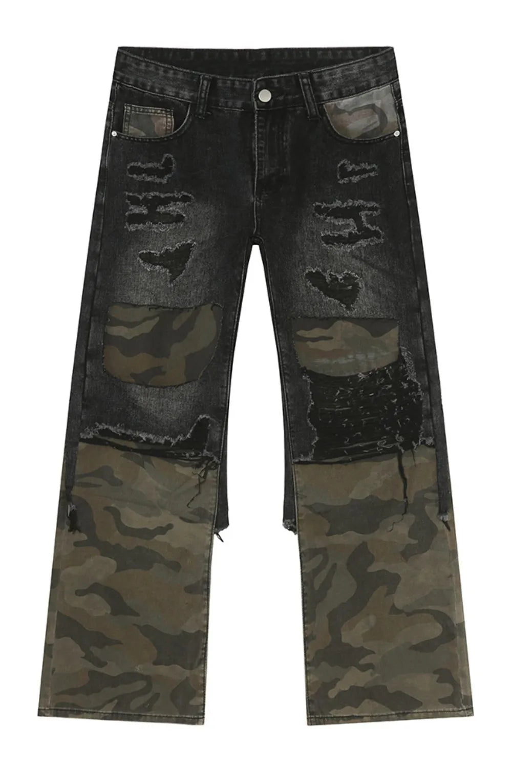 Distressed camouflage patchwork jeans by Trendsi featuring ripped details, patchwork design, and a relaxed fit for casual wear.