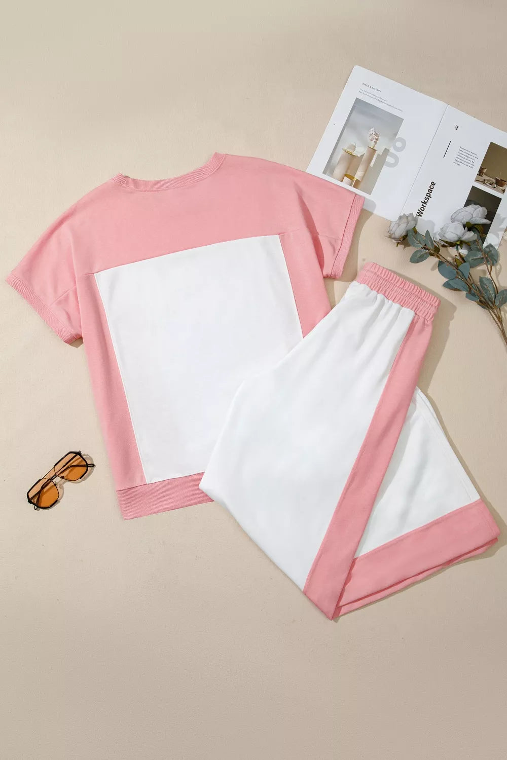 Two-tone color block patchwork tee and drawstring loose pants set by Trendsi, casual and stylish fashion ensemble.