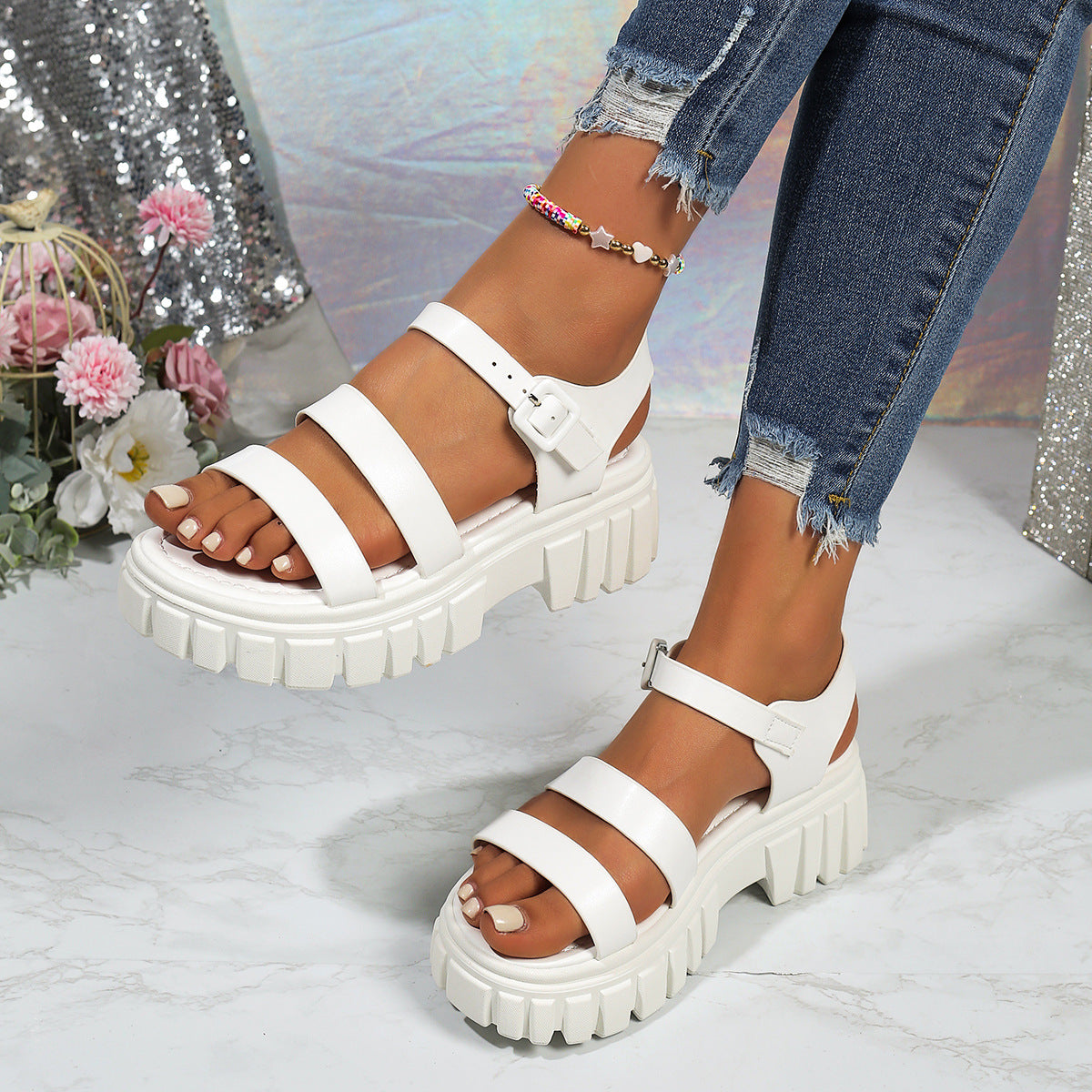 Women's open toe platform mid-heel sandals in premium PU leather, stylish shoe by Trendsi with comfortable design.