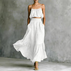 Women's two-piece flared skirt set by FitiqueFit featuring a high-waist design, perfect for casualwear and elegant style.