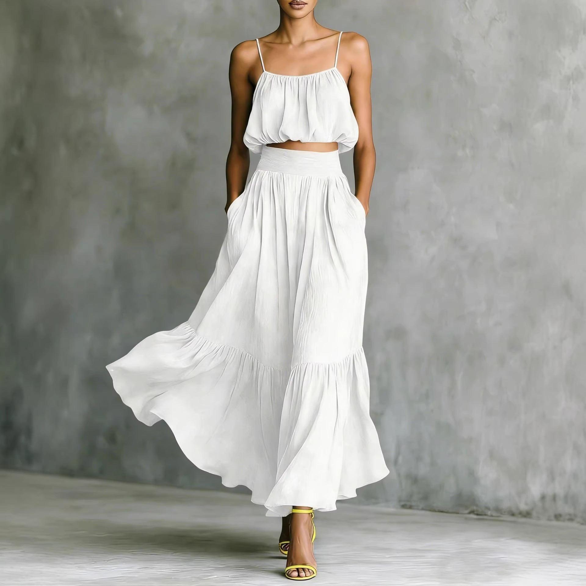 Women's two-piece flared skirt set by FitiqueFit featuring a high-waist design, perfect for casualwear and elegant style.