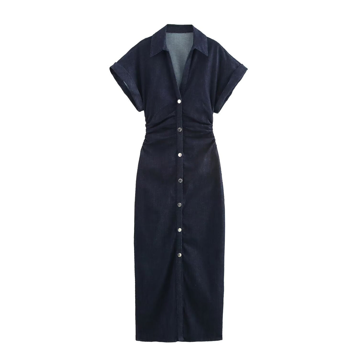 Dark blue denim shirt dress, midi length, short sleeves with cuffs, collar, and silver-tone front buttons.
