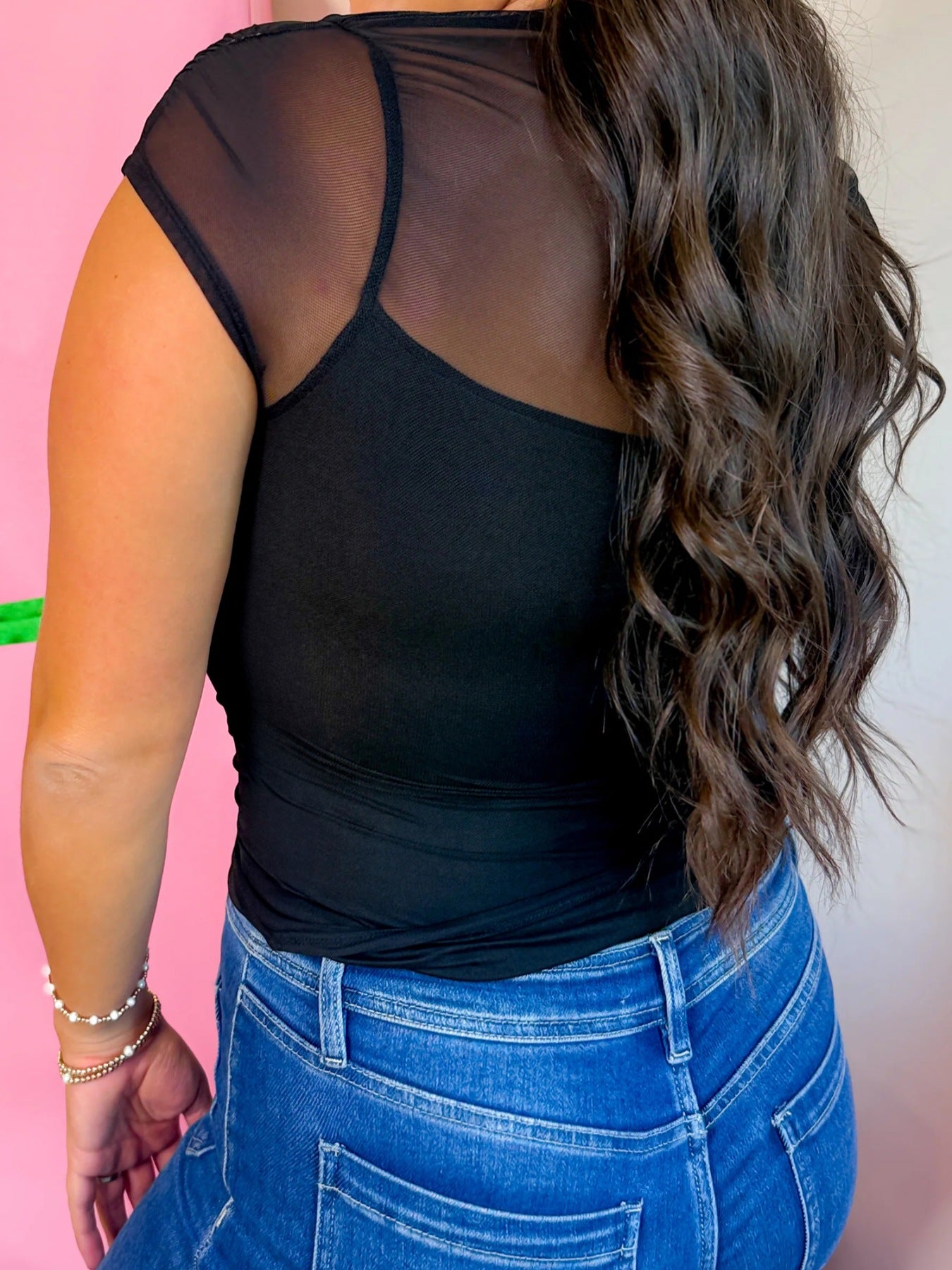Women's sheer mesh patchwork cap sleeve T-shirt by Plush Fashion Hub, featuring elegant layering and modern design.