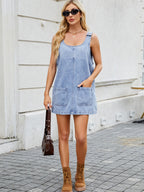 VYSN denim dress with scoop neck and wide straps, sleeveless casual clothing for women, stylish and comfortable summer fashion.