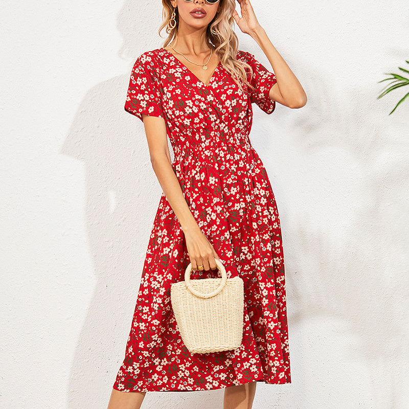 V-Neck floral print satin maxi dress by FitiqueFit, featuring an A-line silhouette in vibrant colors, displayed on a model.