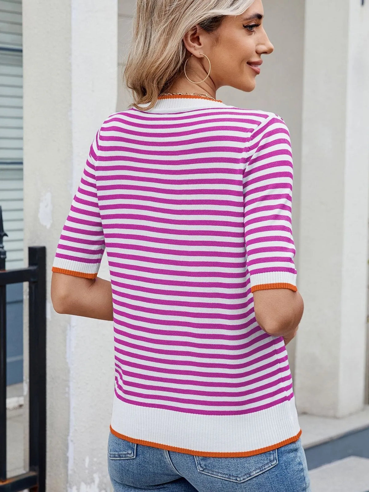 Striped casual T-shirt with contrast trim from Plush Fashion Hub, featuring short sleeves and a relaxed fit.