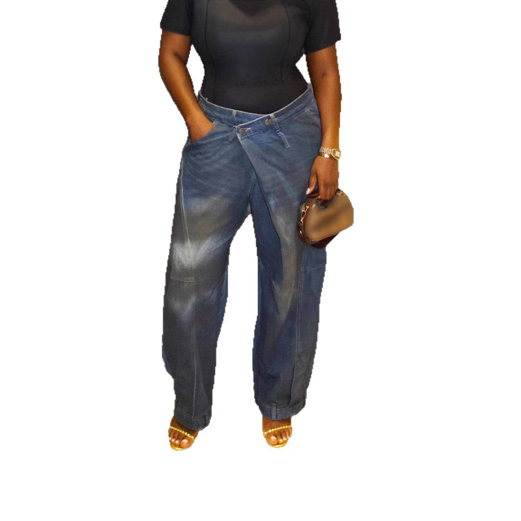Distressed washed denim streetwear jeans by eprolo, featuring a relaxed fit with frayed details and a casual urban style.