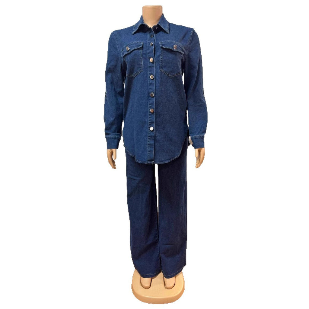 Vintage Denim Long Sleeve Shirt and Straight Leg Pants Two-Piece Set