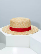 Plush Fashion Hub classic wheat straw boater hat with decorative ribbon, stylish summer accessory perfect for sunny days.