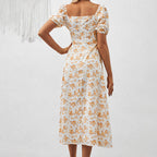 FitiqueFit square neck floral print maxi dress with puff sleeves and side slit, perfect casualwear for a stylish daytime look.