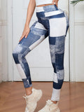 FitiqueFit plaid peach print high-waist tummy control yoga leggings with slim fit design, shown in a close-up image.