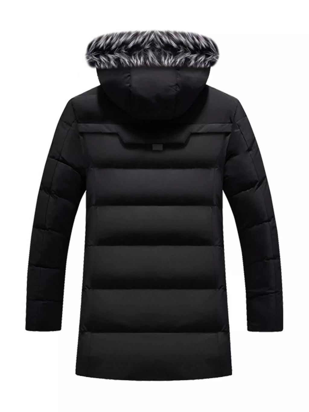 Plus size men's longline padded winter coat with faux fur hood from Shopimist, featuring a warm, insulated design with a stylish hood.