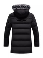 Plus size men's longline padded winter coat with faux fur hood from Shopimist, featuring a warm, insulated design with a stylish hood.