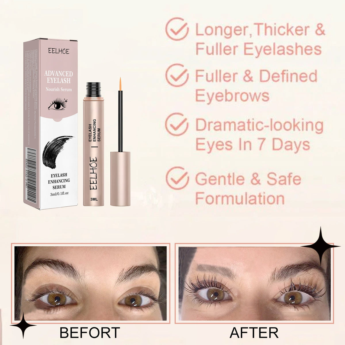 Eelhoe eyelash serum box and rose gold tube with fine brush applicator next to promotional claims and before-and-after photos.
