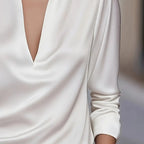 Elegant women's V-neck long sleeve satin blouse by FitiqueFit, featuring a formal shirt design with a satin sheen.
