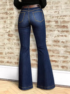 High-waisted flare denim jeans from Plush Fashion Hub, showcasing fit and stylish design on a model.