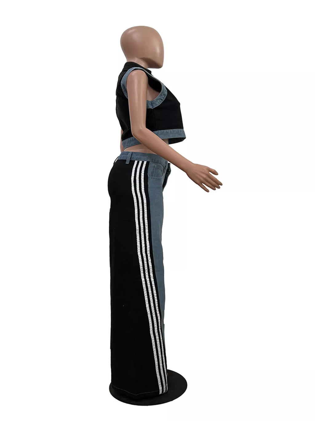 Zip front crop top and striped pants set by Shopimist, featuring a stylish crop top with a front zipper and matching high-waisted striped pants.