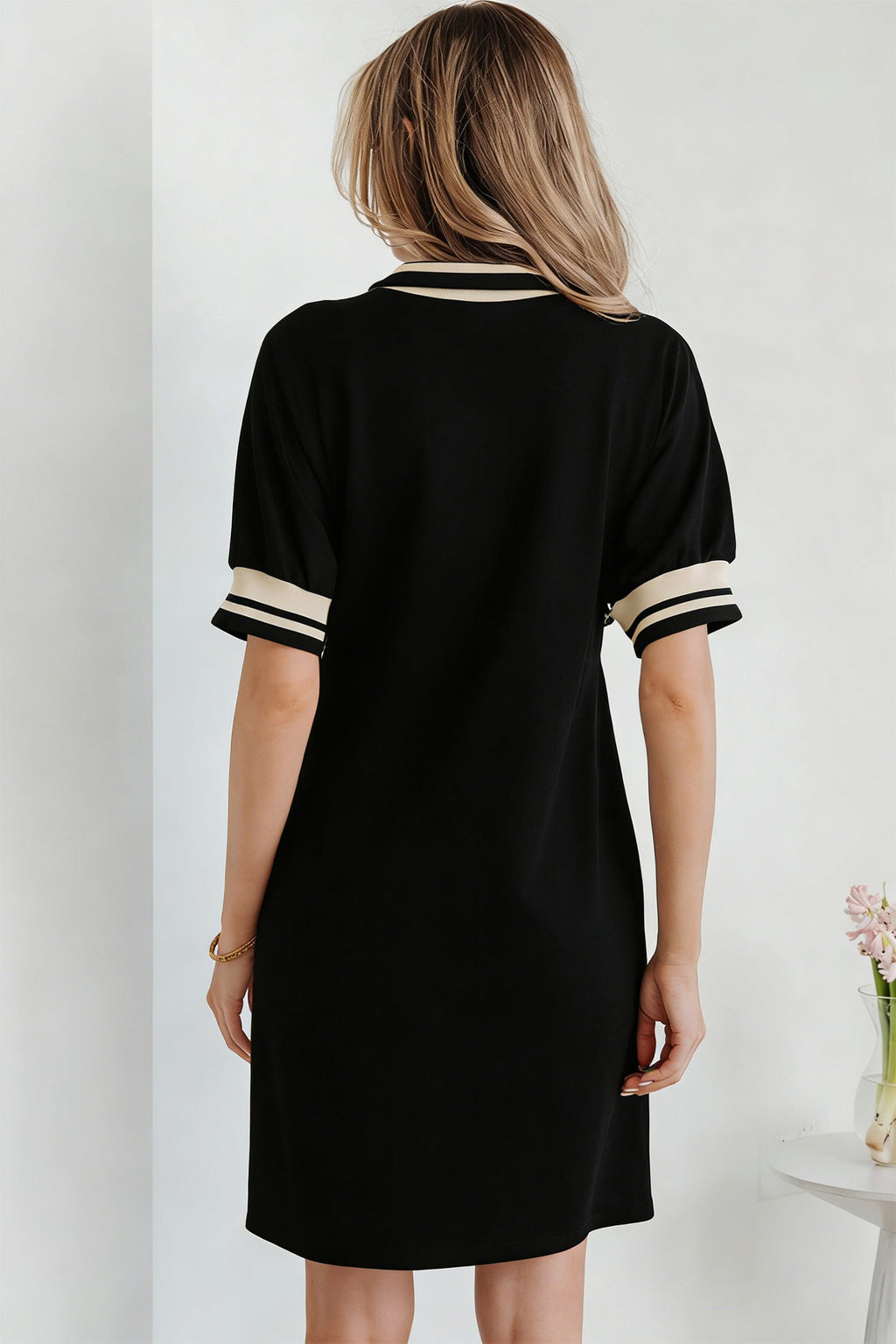 Jovie Trim Preppy Polo Tee by Threaded Pear, casual T-shirt dress with collar and trim detail, on a neutral background.