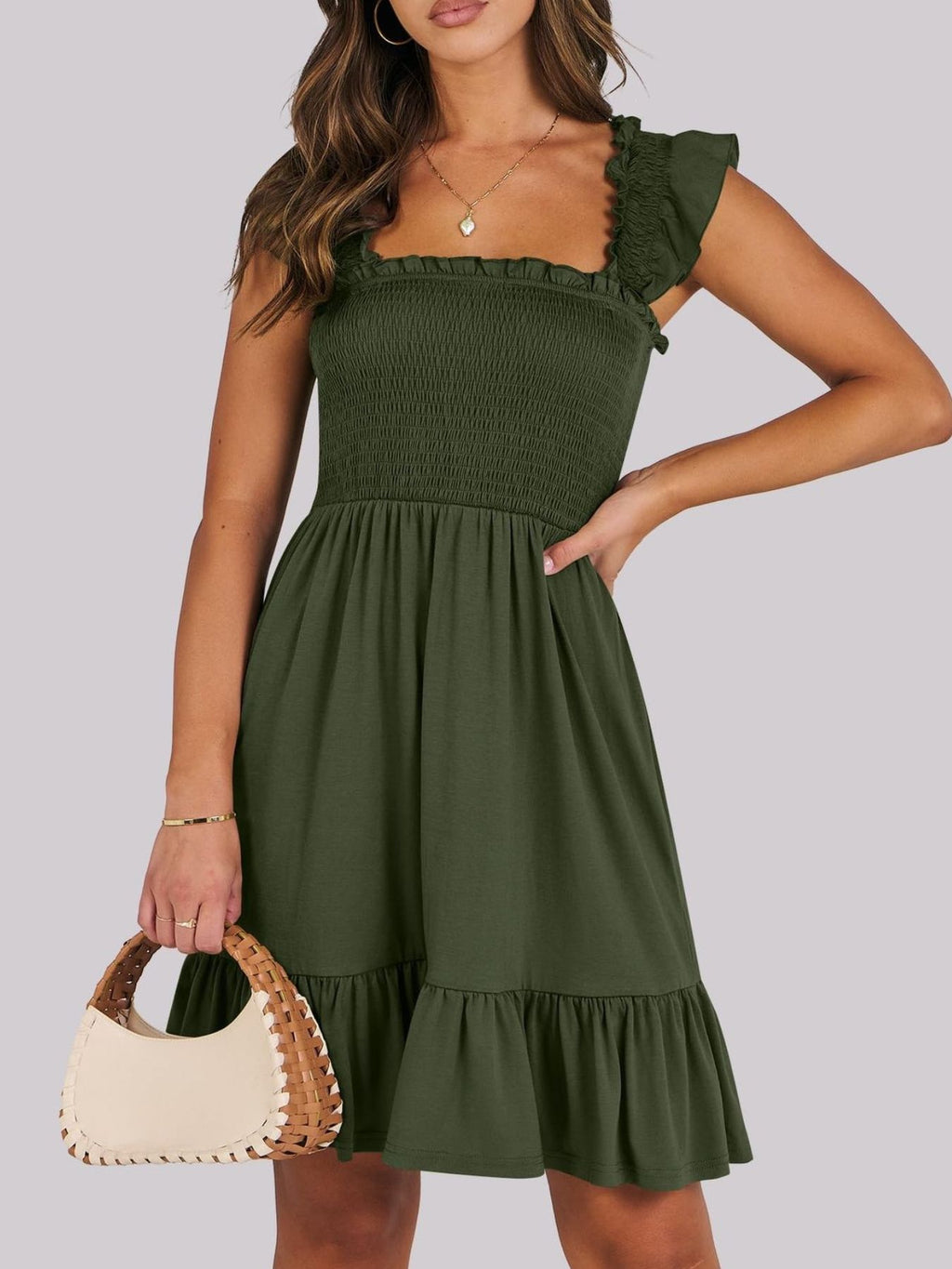 Women's smocked ruffle hem mini dress by Trendsi, casual lightweight summer dress with a flowy design and feminine ruffle details.